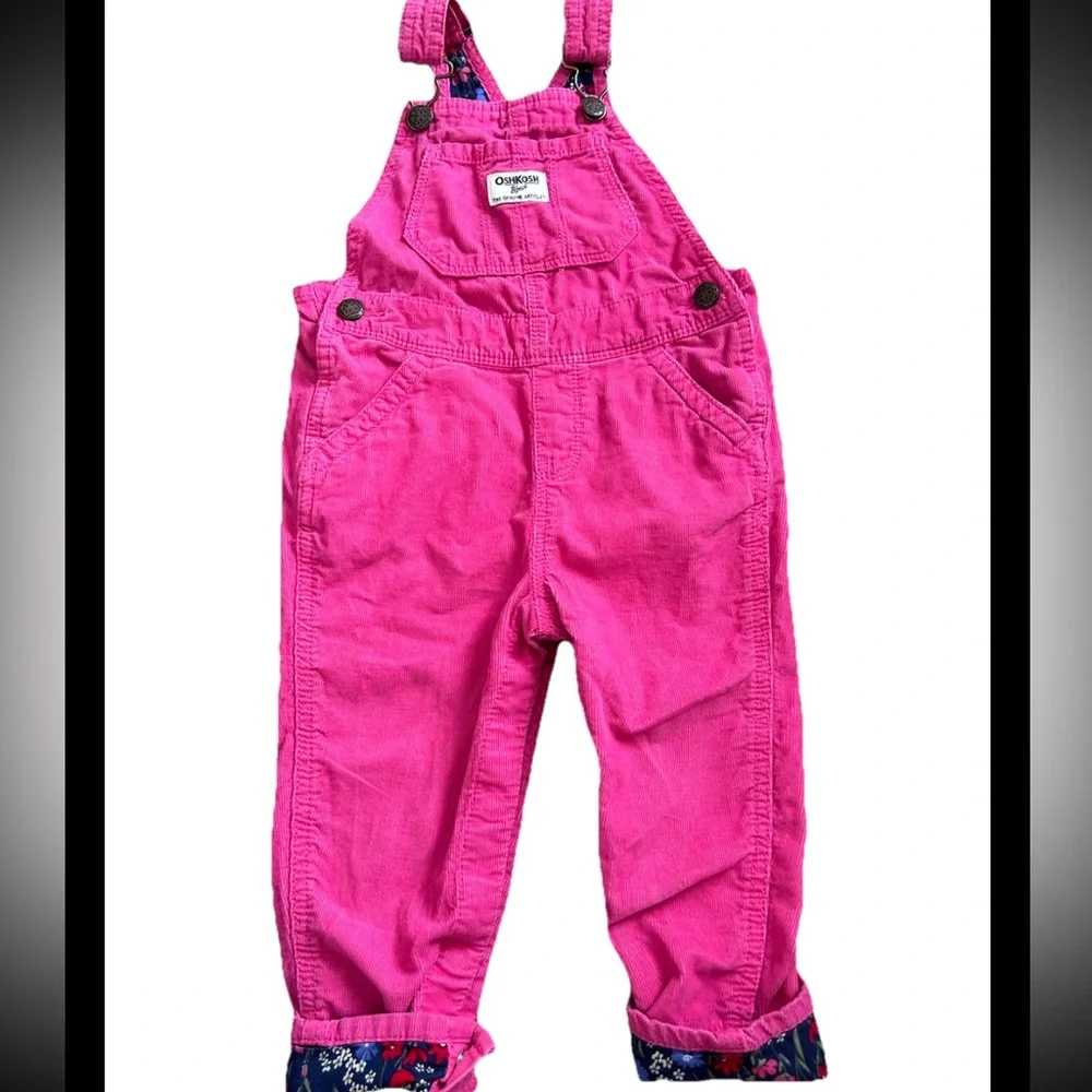 Pink OshKosh B'gosh corduroy overalls with floral lining on cuffs toddler girls